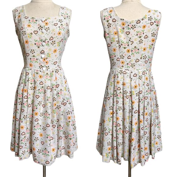 70s Vintage Novelty Print Dirndl Folk Dress Heart Pattern Twee Cottage Peasant. - Picture 7 of 13